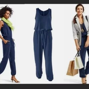 Cabi style #303 woman's french navy blue Drawstring Sleeveless Jumpsuit Sz M